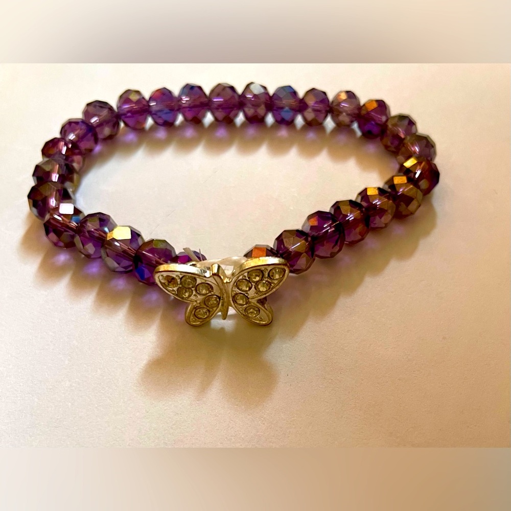 Purple Multi-Faceted Crystal 8mm Beaded Bracelet w/ Butterfly Charm–Handcrafted